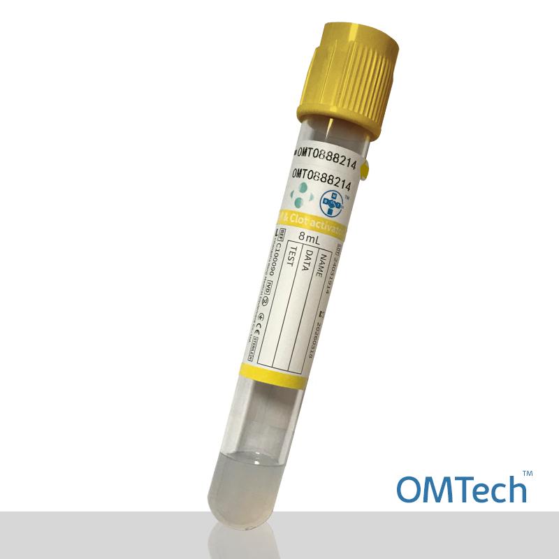 Пробірка Вакуумна для забору крові "OMTech", з гелем та активатором згортання, стерильна, з жовтою кришкою, 8 мл, 16*100 мм RENJI MEDICAL